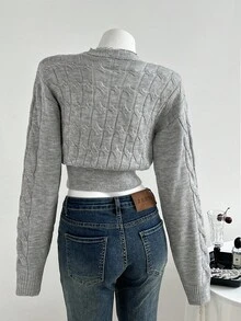 Flirla Women's V-Neck Oblique Placket Belted Slim Fit Long Sleeve Casual Fashionable Knit Sweater, Autumn/Winter - Light Grey - View 2