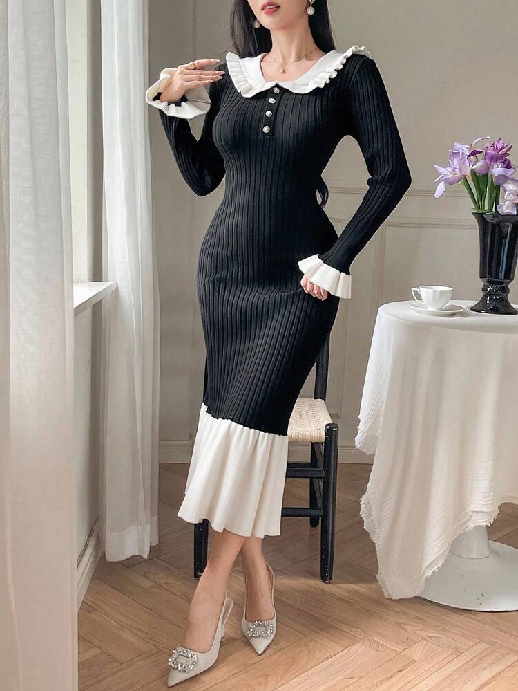 Women's Elegant Commuter Color Block Patchwork Fishtail Midi Dress