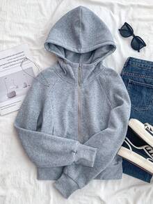 SHEIN 少女休闲日常拉链卫衣，插肩袖设计，适合秋冬季日常穿着 - 淺灰色 - 查看 7