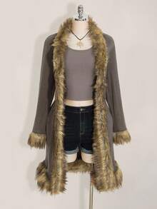 SHEIN ICON 加大码棕色针织中长款毛领夹克，波西米亚风 - 棕色 - 查看 5