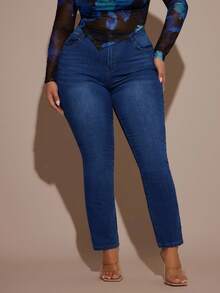 SHEIN BAE Plus Size High Waist Water Wash Jeans - Dark Wash - View 5