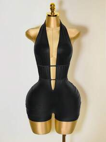 BamGleam 性感街头纯色 PU 皮革褶皱镂空绷带深 V 露背连体裤，秋季女式 - 黑色 - 查看 6