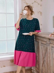 CottageSlumber Romantic Bubble Crinkle Print Color Block Women Long Nightgown - Multicolor - View 3