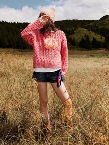 Bohemela Kỹ thuật nhuộm đặc biệt màu đỏ cổ điển giản dị cho tông màu phai nhẹ, Áo len dệt kim dáng rộng tay dài họa tiết hòa bình chắp vá trang trí hòa bình, Phong cách đồng quê miền Tây cổ điển cho kỳ nghỉ, Trở lại trường, Halloween, Giáng sinh, Thích hợp cho mùa thu/đông - Hồng - Xem 5