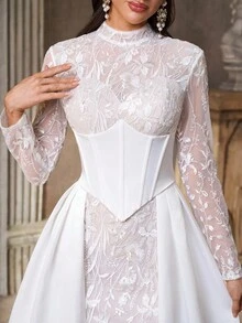 Aureia Elegant, Luxurious And Romantic White Mandarin Collar Long Sleeve French Lace And Chiffon With Pleated Satin Oversized A-Line Hem, Suitable For Weddings, Parties, Vacations, Graduations, Bridal Gowns