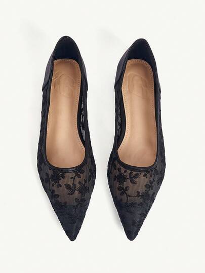 CUCCOO CHICEST Dammode Spetsig Tå Svart Spetsnät Andningsbara Eleganta Bekväma Platta Skor