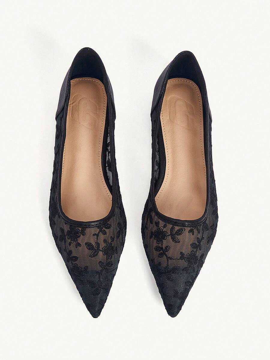 CUCCOO CHICEST 女士时尚尖头黑色蕾丝网眼透气优雅舒适休闲平底鞋 - 黑色 - 查看 1