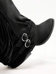 Solezae Women's Glamorous Sexy Pointy Toe Faux Suede Chunky Heel Mid-Calf Slouchy Boots - Black - View 6