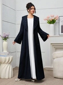 Yasmyna Elegant Jacquard Patchwork Solid Color Long Maxi Robe With Oversized Collar Abayas - Navy Blue - View 4