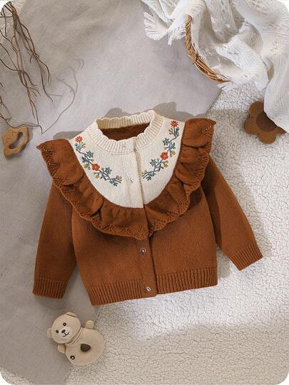 SHEIN Vintaside Kids 少女可爱荷叶边刺绣撞色针织开衫