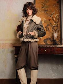 Aveloria Damenjacke aus Pelz und Leder mit schmaler Taille, kurzer Schnitt, pelziges großes Reversdesign, Bündchen mit offener Kante, versteckte Taschen, vielseitige schmale Passform, Freizeitjacke für den täglichen Weg zur Arbeit, Herbstkleidung für Damen, Winterkleidung für Damen, Damen-Winterjacke mit Reißverschluss - Dunkelgrau - Übersicht 4