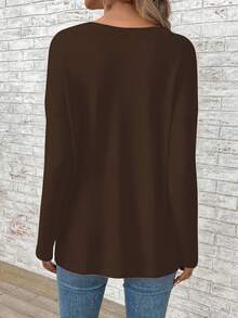 SHEIN LUNE Casual Loose Fit Coffee Color Long Sleeve T-Shirt For Plus Size Women, Suitable For Autumn/Winter