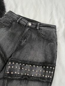 Attitoon 女式铆钉口袋设计喇叭休闲牛仔裤 - 黑色 - 查看 4