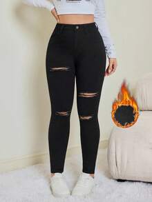 SHEIN Tall Autumn/Winter Women's Casual Solid Color Button Slim Fit Distressed Frayed Hem Jeans, Going Out Chic Winter-Warm Fleece-Lined Comfortable Slim-Fit Black Distressed Ripped Jeans