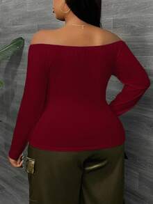SHEIN SXY Fall Red Off-The-Shoulder Crossover Pleated Long Sleeve T-Shirt/Fall/Winter
