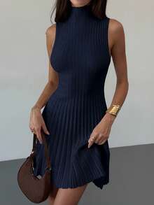 Aloruh Rochie mini minimalistă tricotată cu guler înalt, fără mâneci, în linie A, cu nervuri, pentru femei