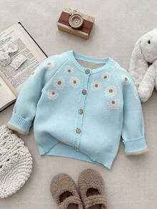 Blossori Young Girls' French Elegant Floral Pattern Front Button Knit Cardigan,Cozy Fall & Winter Styles, Children Cardigan, Kids Sweaters For Girls Button, Kids Cardigan, Blue Cardigan - Blue - View 4