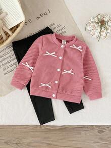 Elladie kids 2 Stücke Set aus Jacke und Hose im koreanischen Stil für Säuglinge/Kleinkinder, mit weißem Schleifenakzent, langärmeliger Strickjacke und einfarbiger Strickhose, süß und bequem für Frühling, Herbst und Winter