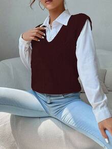 Chiquease 纯色V领休闲百搭无袖毛衣背心针织上衣 - 酒紅色 - 查看 3