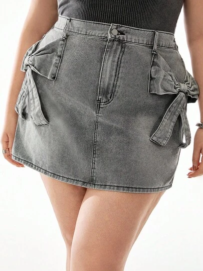 Solavibe 大码女式灰色牛仔迷你裙，饰有蝴蝶结，时尚夏季款，返校季必备