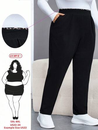 SHEIN CURVE+ Pantalones negros de talla grande para mujer con estampado de leopardo, costuras, cintura elástica y bolsillos, ropa de otoño e invierno, ropa informal y cómoda, pantalones para trabajo, ropa de maestra, pantalones para curvas, ropa de oficina, ropa casual de negocios para mujer