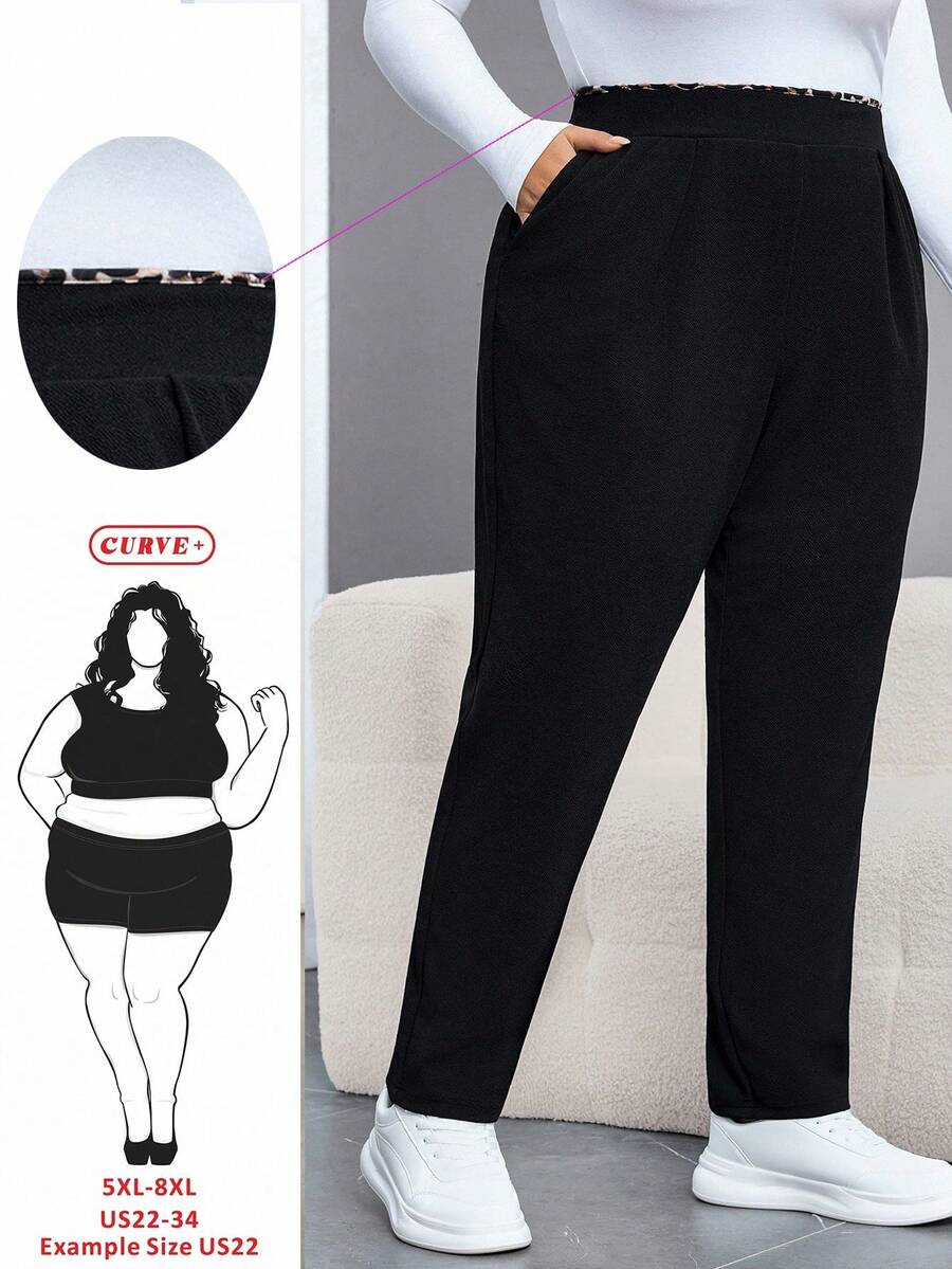SHEIN CURVE+ 大码女装秋冬时尚休闲舒适豹纹拼接松紧腰口袋黑色裤子,女式下装,秋季女装,工作裤,教师服,曲线裤,办公室装,商务休闲女装 - 黑色 - 查看 1