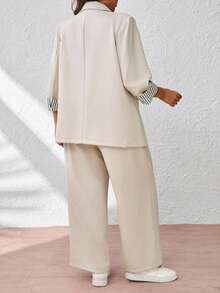 SHEIN Tall CURVE 大码休闲通勤夹克和裤子套装 - 卡其色 - 查看 2
