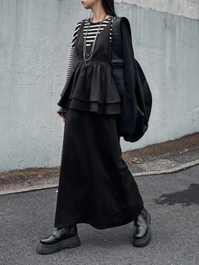 FRIFUL Vestido midi sin mangas con volantes en el bajo de unicolor para mujer - Negro - Ver 1