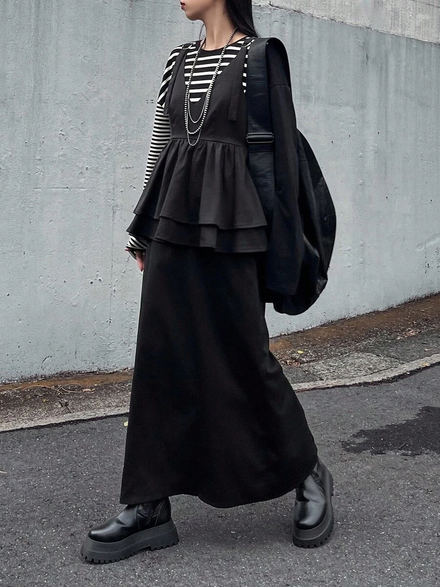 FRIFUL Vestido midi sin mangas con volantes en el bajo de unicolor para mujer - Negro - Ver 1