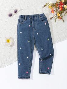 SHEIN Vintaside Kids Vacation Style Cute Casual Loose Colorful Floral Embroidered Girls Toddler Blue Denim Flare Pants