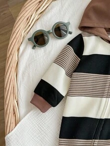 Pelele con capucha de punto a rayas y estampado de dibujos animados, informal y lindo para bebé recién nacido niño/niña