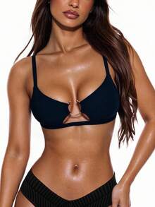 Swim Vcay Summer Beach Ring Linked Bikini Top - Black - View 1