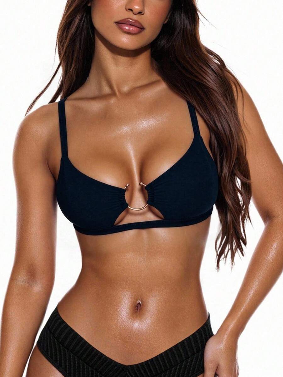 Swim Vcay Summer Beach Ring Linked Bikini Top - Black - View 1