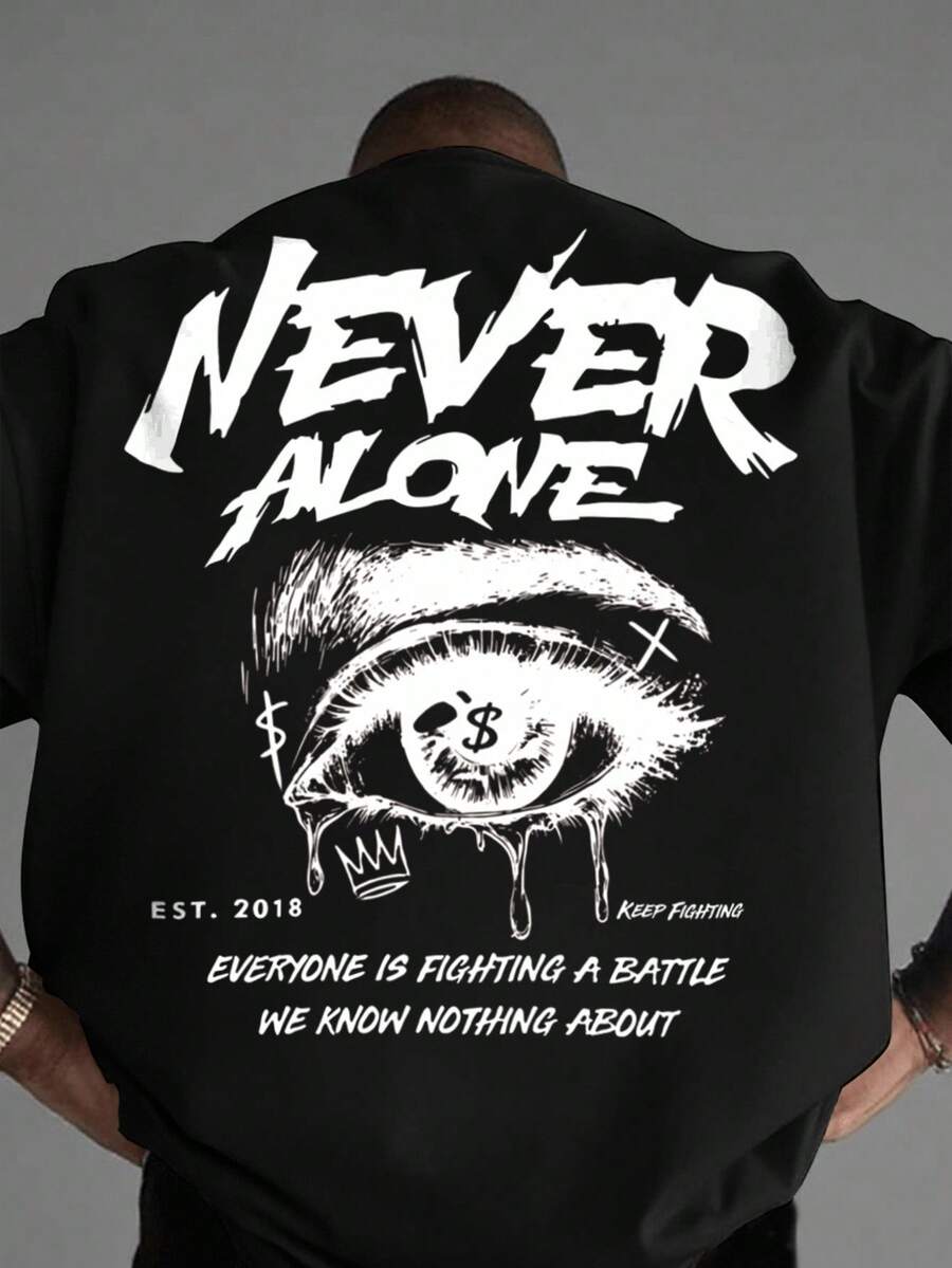 Manfinity EMRG 男士标语与眼睛图案圆领宽松休闲短袖 T 恤 - 黑色 - 查看 1