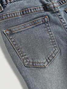 SHEIN 年轻女孩粉色花卉刺绣复古蓝色牛仔弹力紧身喇叭裤 - 深色水洗藍 - 查看 5