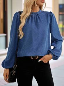 EMERY ROSE 女士休闲通勤灯笼袖牛仔衬衫 - 中等水洗藍 - 查看 5