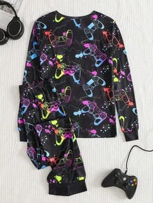 2 Piece Sets Snug Fit Night Wear Kids Teen Boys Tight Fit Pajama Set, Long Sleeve Top And Pants, Colorful Glow-In-The-Dark Video Game Controller Print, Fashion , Suitable For Teen Boys Loungewear .This Product Requires UV Light Exposure To Glow. - Black - View 2