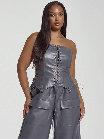 MUSERA Top de corsé con ojales y cordones de piel sintética de dobladillo curvo, talla grande, para otoño e invierno, estilo cool, salir, sexy