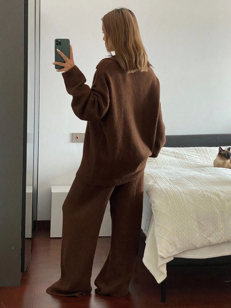 Women's Casual Business Elegant Round Neck Knit Sweater And Loose Pants 2 Pieces Set, Autumn/Winter