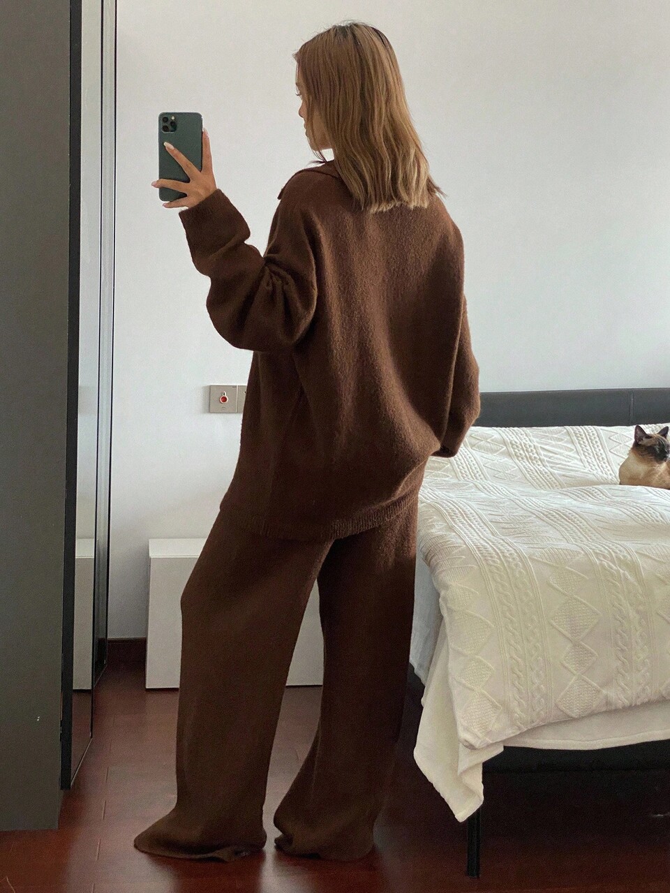 Women's Casual Business Elegant Round Neck Knit Sweater And Loose Pants 2 Pieces Set, Autumn/Winter