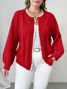 SHEIN Unity Plus Size Women Solid Color Lace Loose Casual Cardigan, Autumn/Winter - Red - View 5