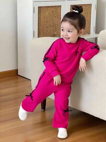 Elladie kids 2 件套紫色蝴蝶结运动衫和裤子套装，适合 4-7 岁小女孩，休闲运动套装，秋季 - 玫紅色 - 查看 4