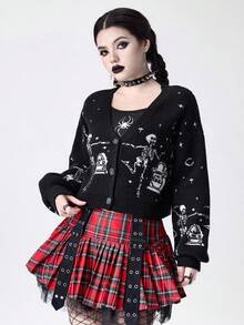 ROMWE Goth 哥特风骷髅提花短款针织开衫，V领纽扣开衫，暗黑美学万圣节开衫 - 黑色 - 查看 4