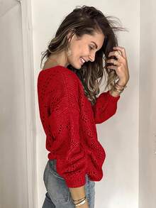 EMERY ROSE Cardigan casual a maglia con scollo a V e design traforato, tinta unita, da donna