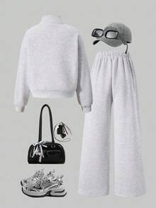 Sparklyn 2 件女童休闲半拉链立领长袖运动衫和字母印花慢跑裤套装，适合日常通勤 - 灰色 - 查看 2