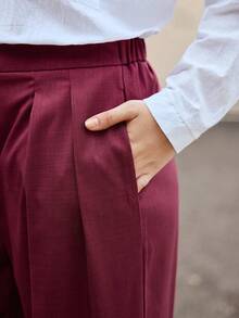Calvaya Damen Große Größen Einfarbige Lose Elegante Plissee Weite Bein Hose - Bordeaux - Übersicht 3