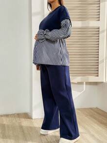 SHEIN 2件套孕妇条纹印花圆领长袖上衣和阔腿裤套装 - 藏蓝色 - 查看 3