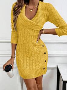 EMERY ROSE Collared Knit Long Sleeve Comfortable Sweater Dress - Pale Yellow - View 3