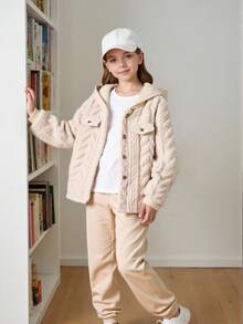 SHEIN 2 件/套女孩休闲外套：蓬松夹克 + 高领罗纹 A 字裙，秋冬 - 棕色 - 查看 4