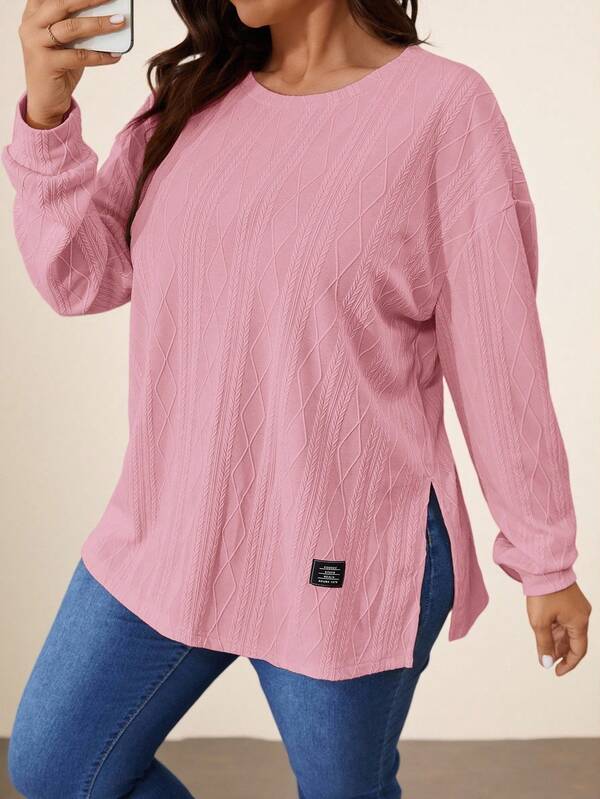 SHEIN VCAY Camiseta de manga larga con abertura lateral texturizada, de talla grande, para otoño